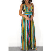 Καλοκαιρινές κομψές ριγέ βαθιές φόρμες κατά λαιμού, σέξι ψηλόμεσες ρόμπες φαρδιά γυναικεία φόρμα αμάνικη φόρμα χωρίς πλάτη, casual φόρμες με φαρδιά πόδια