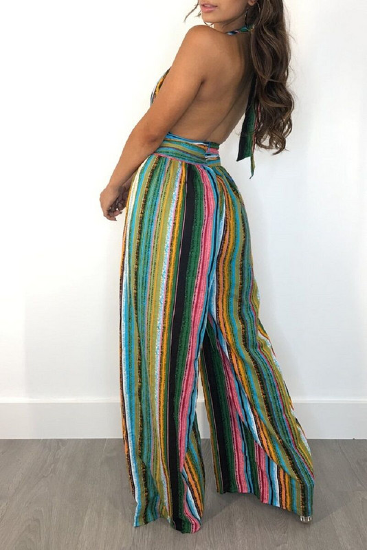 Καλοκαιρινές κομψές ριγέ βαθιές φόρμες κατά λαιμού, σέξι ψηλόμεσες ρόμπες φαρδιά γυναικεία φόρμα αμάνικη φόρμα χωρίς πλάτη, casual φόρμες με φαρδιά πόδια