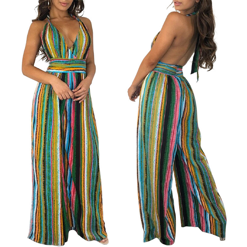 Καλοκαιρινές κομψές ριγέ βαθιές φόρμες κατά λαιμού, σέξι ψηλόμεσες ρόμπες φαρδιά γυναικεία φόρμα αμάνικη φόρμα χωρίς πλάτη, casual φόρμες με φαρδιά πόδια