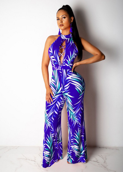 Lilleprintidega suvine vabaaja kombinesoon Seksikas naiste O-kaelusega varrukateta elegantne laia jalaga sirge kombinesoon