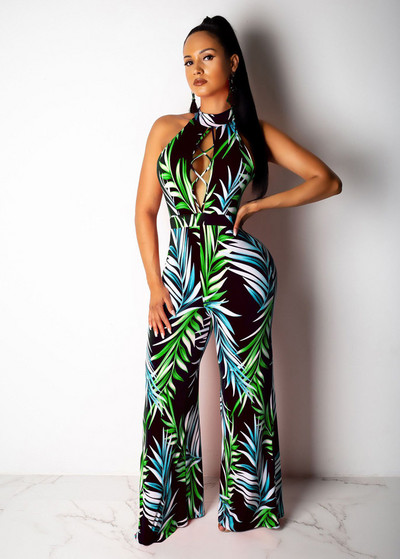 Lilleprintidega suvine vabaaja kombinesoon Seksikas naiste O-kaelusega varrukateta elegantne laia jalaga sirge kombinesoon