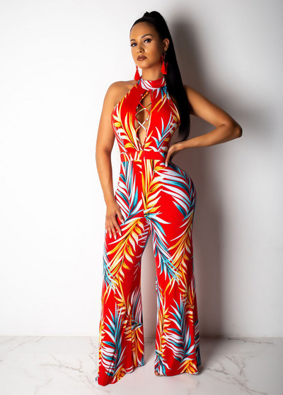 Lilleprintidega suvine vabaaja kombinesoon Seksikas naiste O-kaelusega varrukateta elegantne laia jalaga sirge kombinesoon