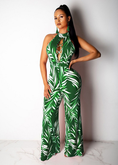 Lilleprintidega suvine vabaaja kombinesoon Seksikas naiste O-kaelusega varrukateta elegantne laia jalaga sirge kombinesoon