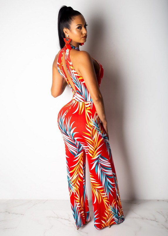 Lilleprintidega suvine vabaaja kombinesoon Seksikas naiste O-kaelusega varrukateta elegantne laia jalaga sirge kombinesoon