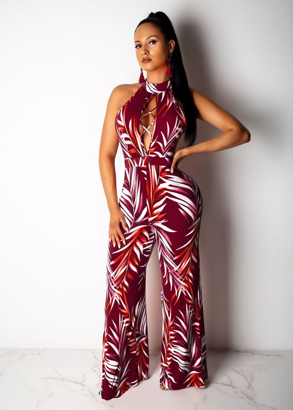 Lilleprintidega suvine vabaaja kombinesoon Seksikas naiste O-kaelusega varrukateta elegantne laia jalaga sirge kombinesoon