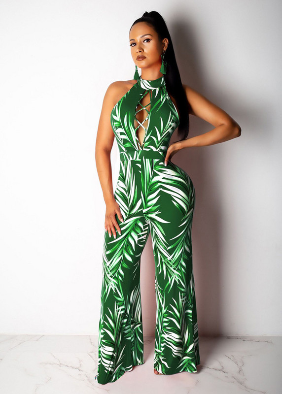 Lilleprintidega suvine vabaaja kombinesoon Seksikas naiste O-kaelusega varrukateta elegantne laia jalaga sirge kombinesoon