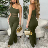 2023. aasta naiste elegantsed, ühe õlaga varrukateta kontrastsed võrkplaastrid seksikad sirge jalaga kombinesoonid