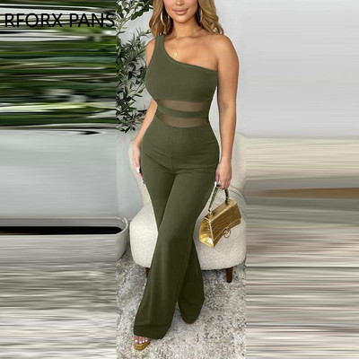 2023. aasta naiste elegantsed, ühe õlaga varrukateta kontrastsed võrkplaastrid seksikad sirge jalaga kombinesoonid