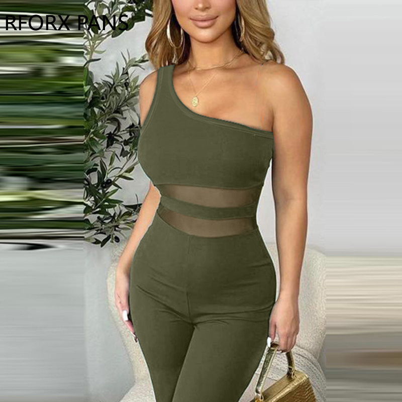 2023. aasta naiste elegantsed, ühe õlaga varrukateta kontrastsed võrkplaastrid seksikad sirge jalaga kombinesoonid