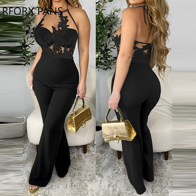 2023. Ženski jednobojni halter, kontrastna čipkana patchwork perspektiva, uski kombinezon uz tijelo Seksi kombinezon