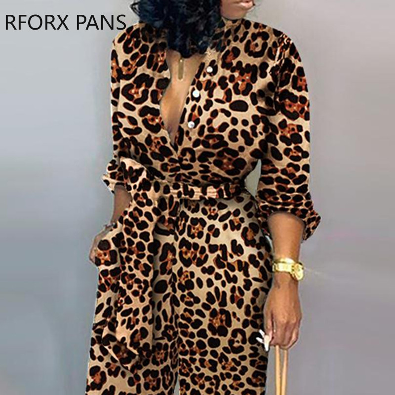 Ženski kombinezon dugih rukava s leopard vezanjem u struku