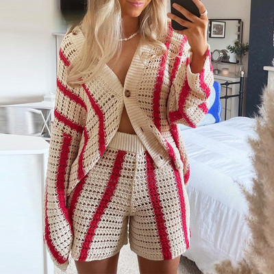 Jesen 2023. Pleteni ženski kompleti kratkih hlača dugih rukava za žene i kratke hlače s crvenim prugama Labavi Y2K ležerni pulover