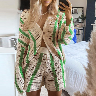 Jesen 2023. Pleteni ženski kompleti kratkih hlača dugih rukava za žene i kratke hlače s crvenim prugama Labavi Y2K ležerni pulover