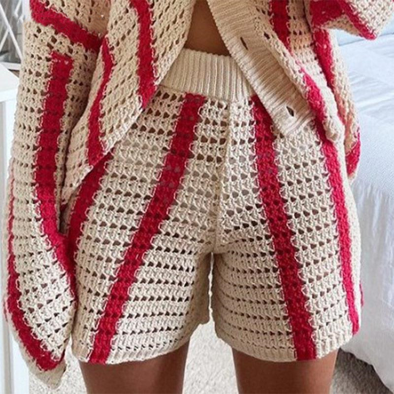 Jesen 2023. Pleteni ženski kompleti kratkih hlača dugih rukava za žene i kratke hlače s crvenim prugama Labavi Y2K ležerni pulover