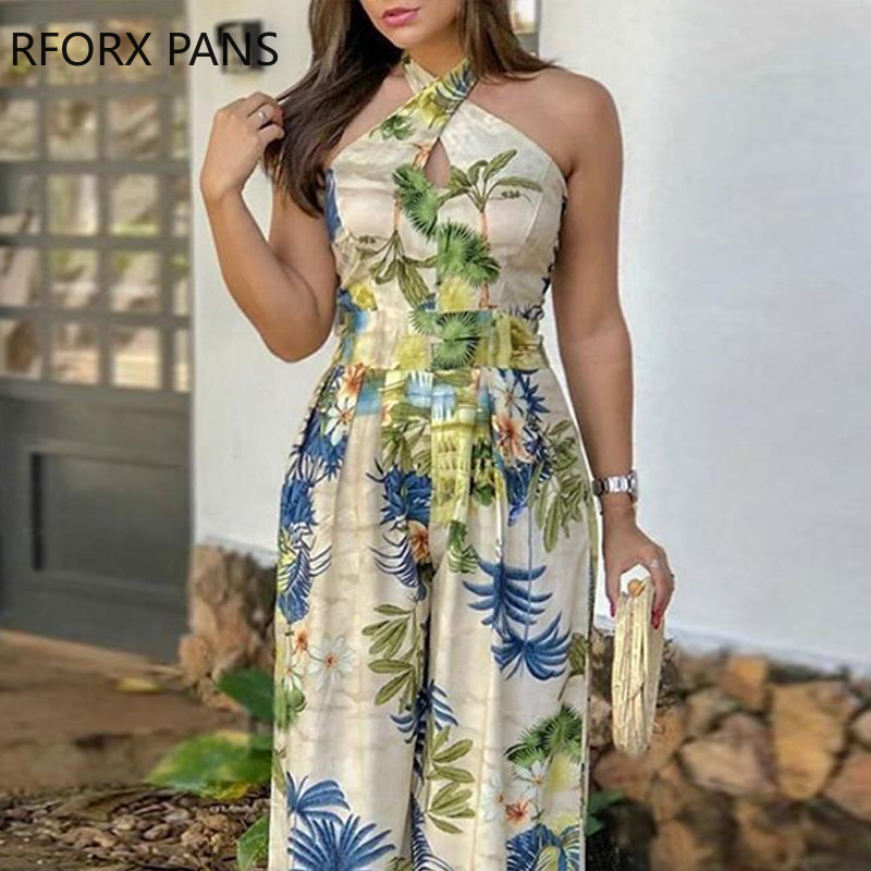 Crisscross Halter Tropical Print Jumpsuits