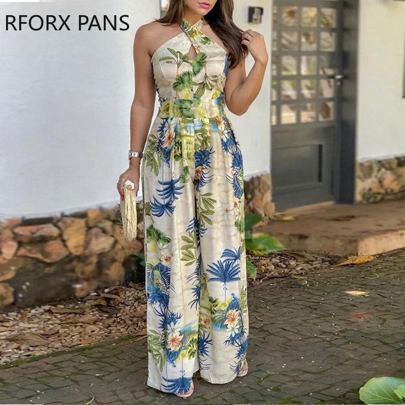 Crisscross Halter Tropical Print Jumpsuits