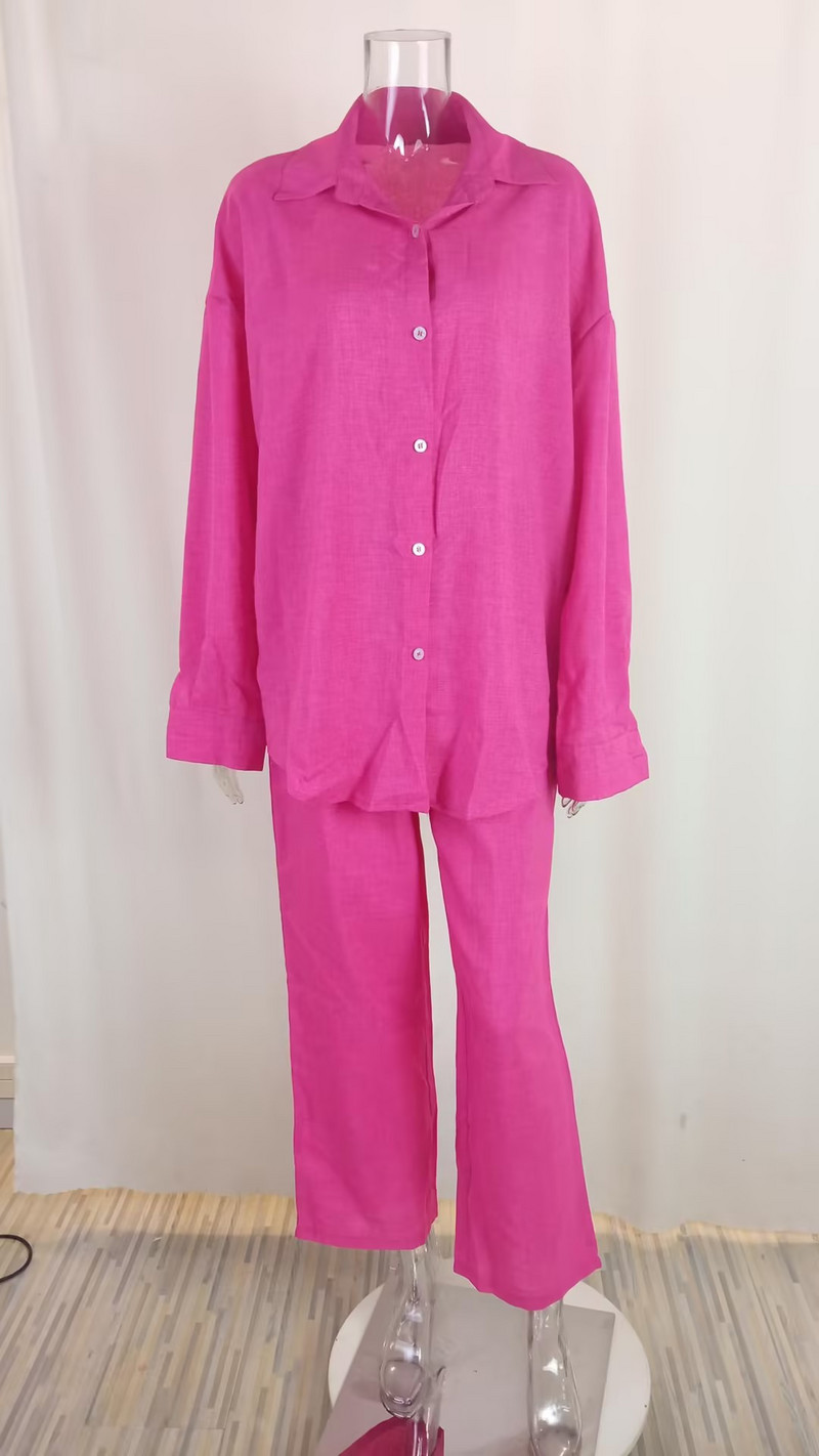 Jednobojni dvodijelni komplet proljeće ljeto 2023. Ženska široka košulja Hlače Hlače s uzicom Visoki struk Ležerni ženski komplet salonske pidžame