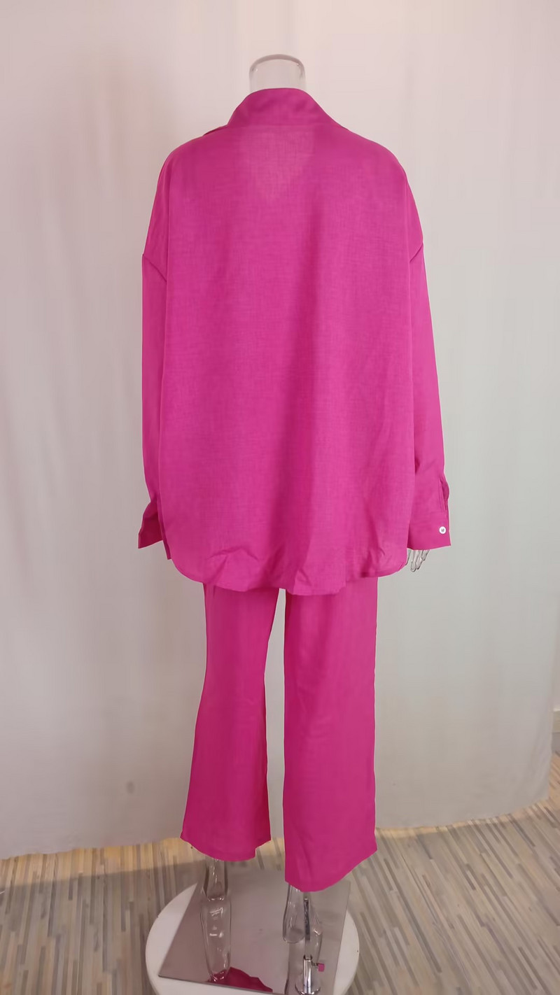 Jednobojni dvodijelni komplet proljeće ljeto 2023. Ženska široka košulja Hlače Hlače s uzicom Visoki struk Ležerni ženski komplet salonske pidžame