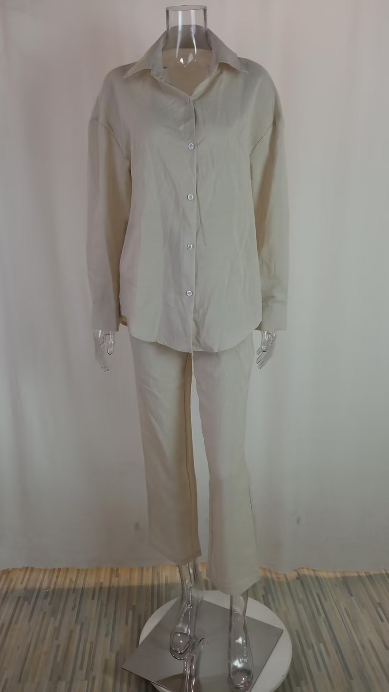 Jednobojni dvodijelni komplet proljeće ljeto 2023. Ženska široka košulja Hlače Hlače s uzicom Visoki struk Ležerni ženski komplet salonske pidžame