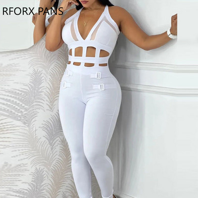 2023. Ženski ležerni, jednobojni, izdubljeni, halter, kopča, kontrastni mrežasti kombinezon bez rukava s rupama i dubokim V izrezom