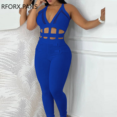 2023. Ženski ležerni, jednobojni, izdubljeni, halter, kopča, kontrastni mrežasti kombinezon bez rukava s rupama i dubokim V izrezom