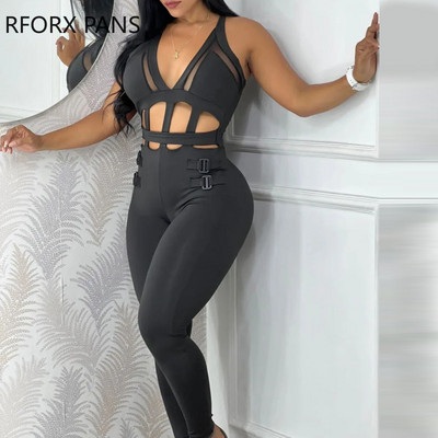 2023. Ženski ležerni, jednobojni, izdubljeni, halter, kopča, kontrastni mrežasti kombinezon bez rukava s rupama i dubokim V izrezom