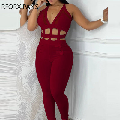 2023. Ženski ležerni, jednobojni, izdubljeni, halter, kopča, kontrastni mrežasti kombinezon bez rukava s rupama i dubokim V izrezom