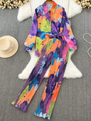 Jesen 2023. Ležerno široko odijelo s hlačama na kravatu Ženske starinske košulje Bluze Široke nogavice Odijelo s hlačama Ženska modna dvodijelna odjeća