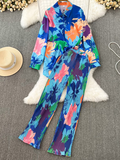 Jesen 2023. Ležerno široko odijelo s hlačama na kravatu Ženske starinske košulje Bluze Široke nogavice Odijelo s hlačama Ženska modna dvodijelna odjeća