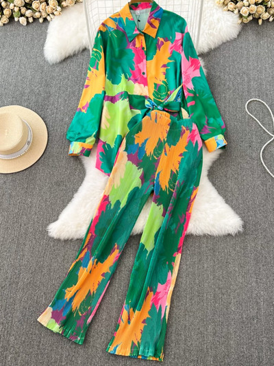 Jesen 2023. Ležerno široko odijelo s hlačama na kravatu Ženske starinske košulje Bluze Široke nogavice Odijelo s hlačama Ženska modna dvodijelna odjeća