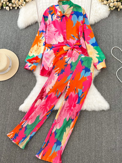 Jesen 2023. Ležerno široko odijelo s hlačama na kravatu Ženske starinske košulje Bluze Široke nogavice Odijelo s hlačama Ženska modna dvodijelna odjeća