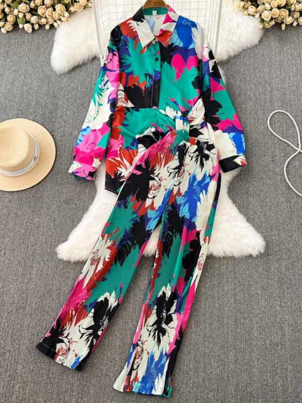 Jesen 2023. Ležerno široko odijelo s hlačama na kravatu Ženske starinske košulje Bluze Široke nogavice Odijelo s hlačama Ženska modna dvodijelna odjeća