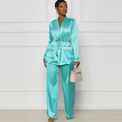 Novi jesenski ženski satenski kompleti odijela s V-izrezom za 2023. Elegantni set od 2 komada s džepovima i dugim rukavima Ženska proljetna široka odjeća širokih hlača