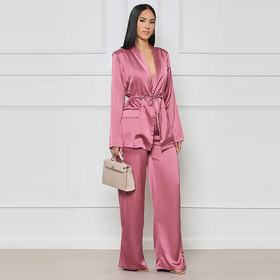 Novi jesenski ženski satenski kompleti odijela s V-izrezom za 2023. Elegantni set od 2 komada s džepovima i dugim rukavima Ženska proljetna široka odjeća širokih hlača