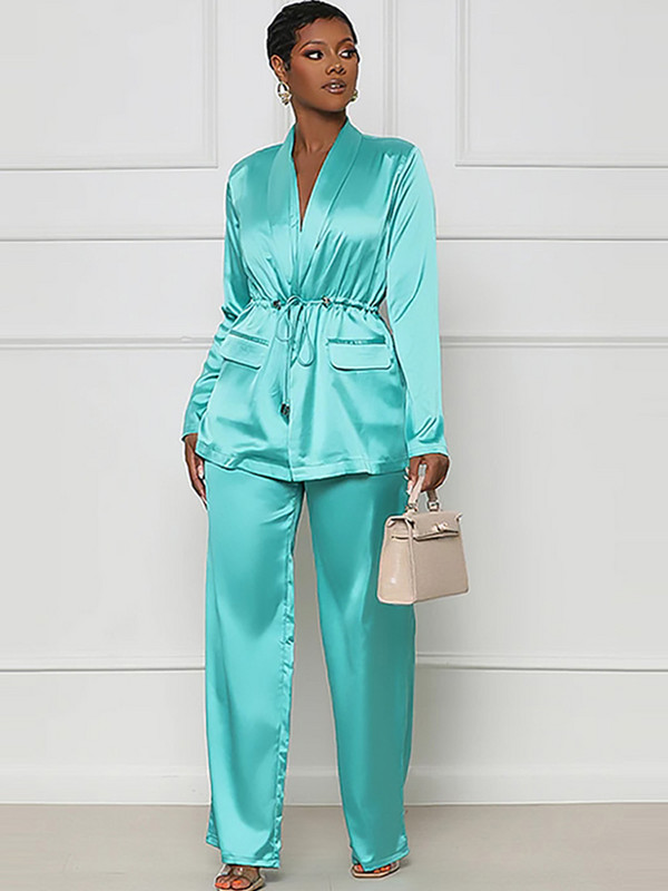 Novi jesenski ženski satenski kompleti odijela s V-izrezom za 2023. Elegantni set od 2 komada s džepovima i dugim rukavima Ženska proljetna široka odjeća širokih hlača