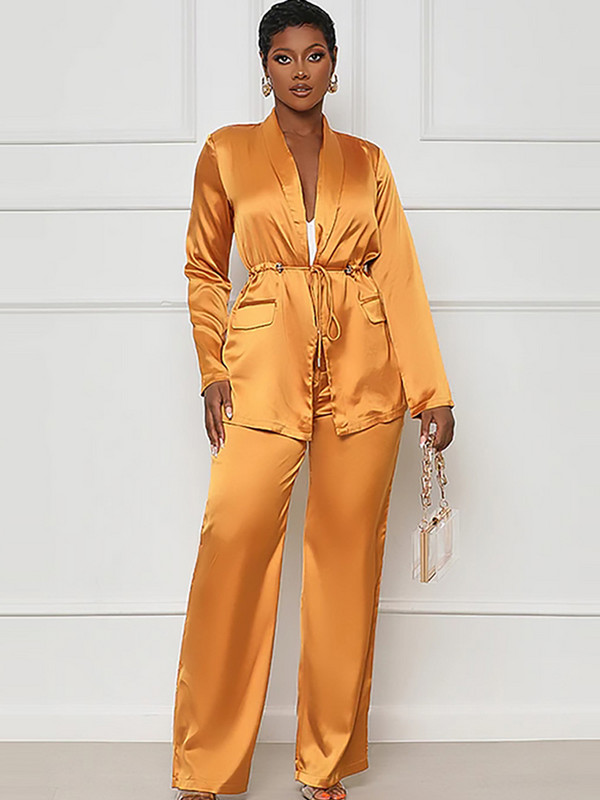 Novi jesenski ženski satenski kompleti odijela s V-izrezom za 2023. Elegantni set od 2 komada s džepovima i dugim rukavima Ženska proljetna široka odjeća širokih hlača