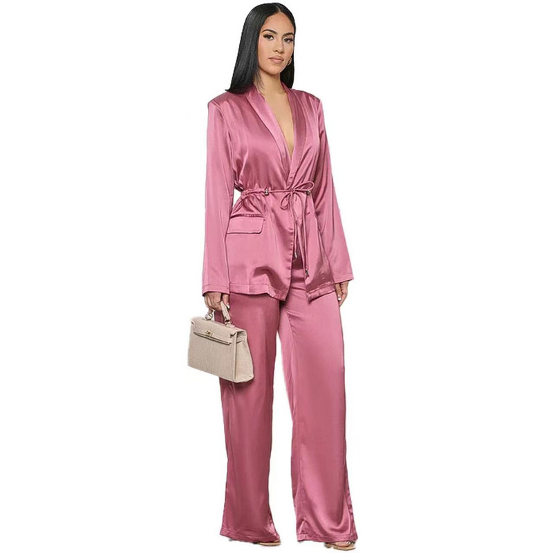 Novi jesenski ženski satenski kompleti odijela s V-izrezom za 2023. Elegantni set od 2 komada s džepovima i dugim rukavima Ženska proljetna široka odjeća širokih hlača