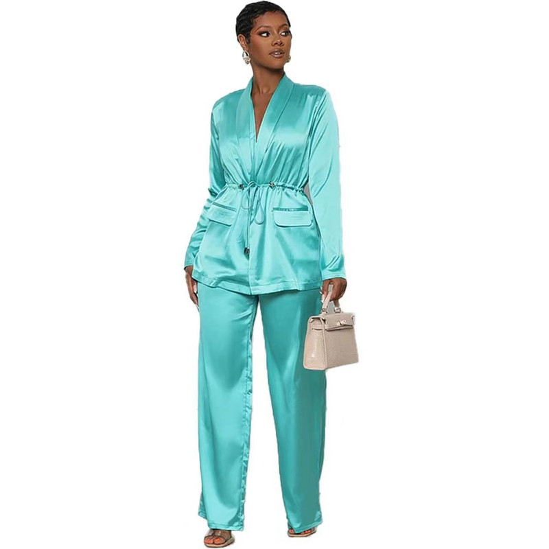 Novi jesenski ženski satenski kompleti odijela s V-izrezom za 2023. Elegantni set od 2 komada s džepovima i dugim rukavima Ženska proljetna široka odjeća širokih hlača