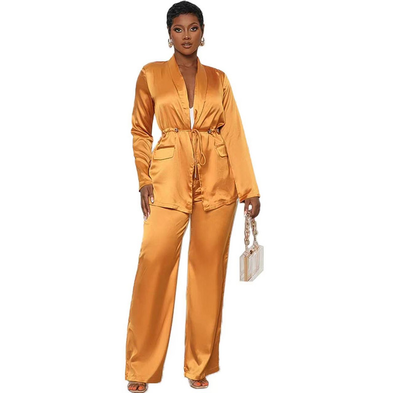 Novi jesenski ženski satenski kompleti odijela s V-izrezom za 2023. Elegantni set od 2 komada s džepovima i dugim rukavima Ženska proljetna široka odjeća širokih hlača