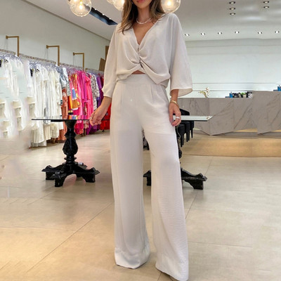 Ženski dvodijelni set za jesen 2023. Seksi modni jednobojni široki top dugih rukava širokih nogavica s džepovima Kompleti hlača visoke ulične odjeće