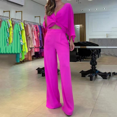 Ženski dvodijelni set za jesen 2023. Seksi modni jednobojni široki top dugih rukava širokih nogavica s džepovima Kompleti hlača visoke ulične odjeće