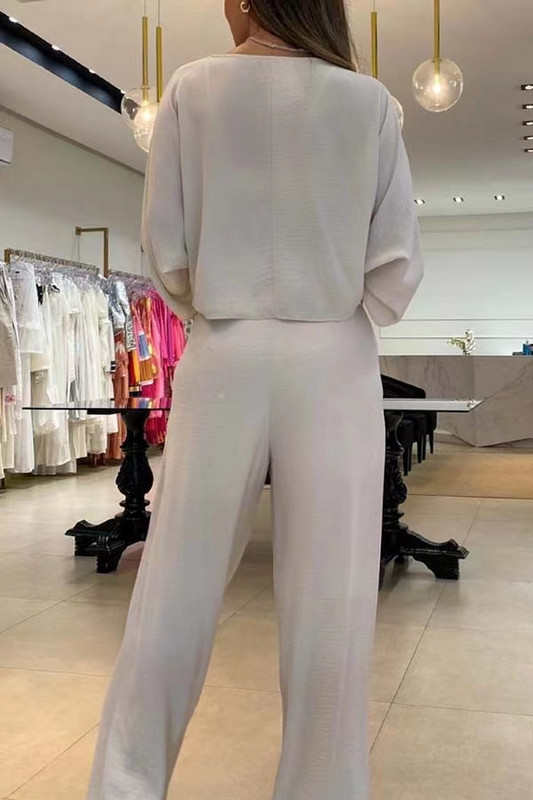 Ženski dvodijelni set za jesen 2023. Seksi modni jednobojni široki top dugih rukava širokih nogavica s džepovima Kompleti hlača visoke ulične odjeće