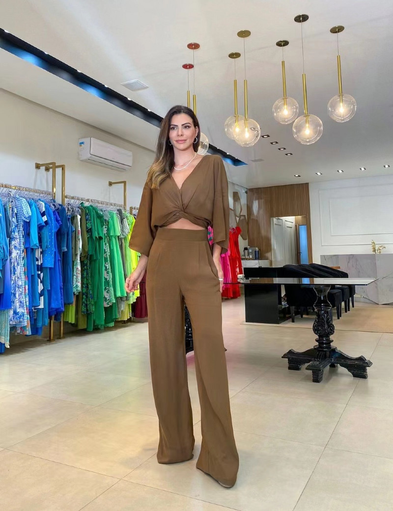 Ženski dvodijelni set za jesen 2023. Seksi modni jednobojni široki top dugih rukava širokih nogavica s džepovima Kompleti hlača visoke ulične odjeće