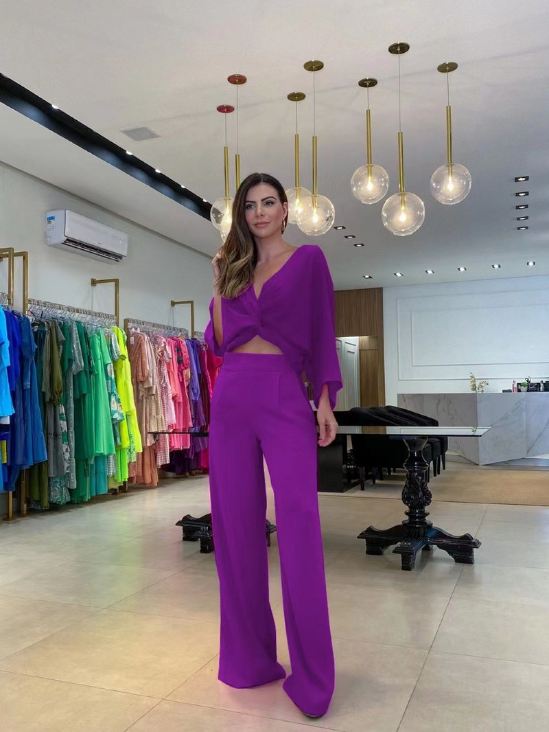 Ženski dvodijelni set za jesen 2023. Seksi modni jednobojni široki top dugih rukava širokih nogavica s džepovima Kompleti hlača visoke ulične odjeće