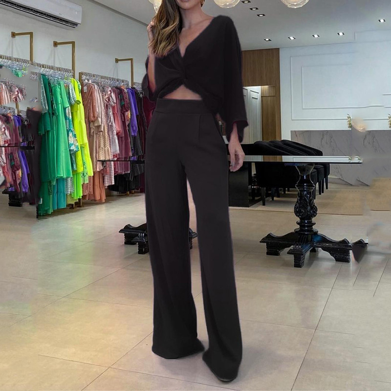 Ženski dvodijelni set za jesen 2023. Seksi modni jednobojni široki top dugih rukava širokih nogavica s džepovima Kompleti hlača visoke ulične odjeće