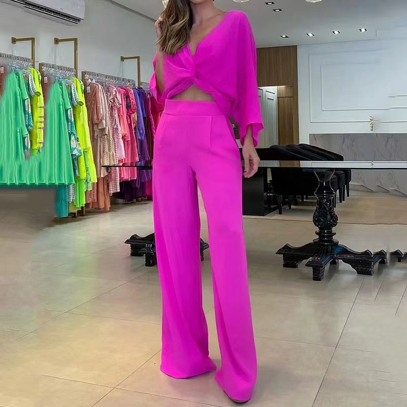 Ženski dvodijelni set za jesen 2023. Seksi modni jednobojni široki top dugih rukava širokih nogavica s džepovima Kompleti hlača visoke ulične odjeće