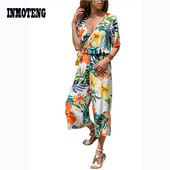 INMOTENG Sinise/valge/rohelise ümbrisega V-kaelusega lilleline laia säärega kombinesoon vööga Naiste suvised mitmevärvitrükiga rannas vabaaja Boho püksid