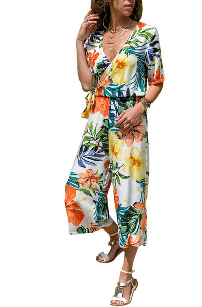 INMOTENG Sinise/valge/rohelise ümbrisega V-kaelusega lilleline laia säärega kombinesoon vööga Naiste suvised mitmevärvitrükiga rannas vabaaja Boho püksid