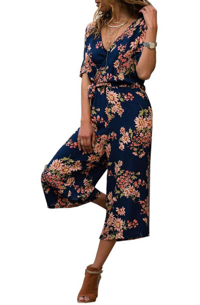 INMOTENG Sinise/valge/rohelise ümbrisega V-kaelusega lilleline laia säärega kombinesoon vööga Naiste suvised mitmevärvitrükiga rannas vabaaja Boho püksid