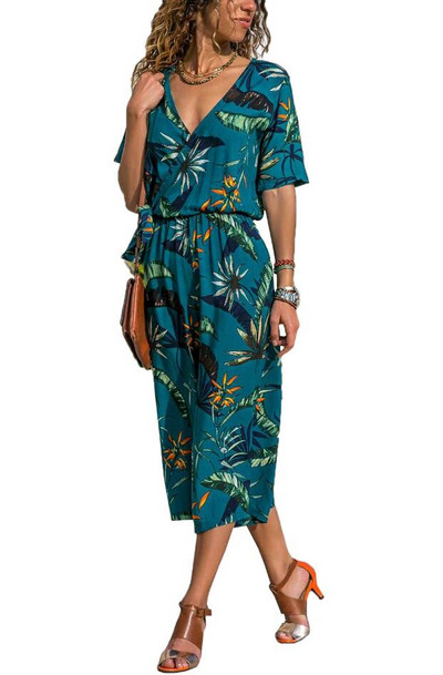 INMOTENG Sinise/valge/rohelise ümbrisega V-kaelusega lilleline laia säärega kombinesoon vööga Naiste suvised mitmevärvitrükiga rannas vabaaja Boho püksid